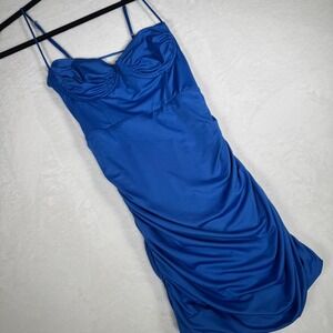 Lucy in the Sky Blue Bodycon Dress Ruched Laced‎ Back Cocktail Party Med